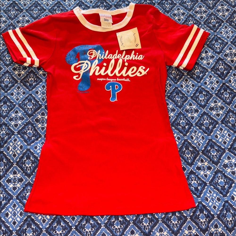 Phillies Youth Red & White Striped Sleeve Tee NWT Sm Campus Lifestyle FREE SHIP